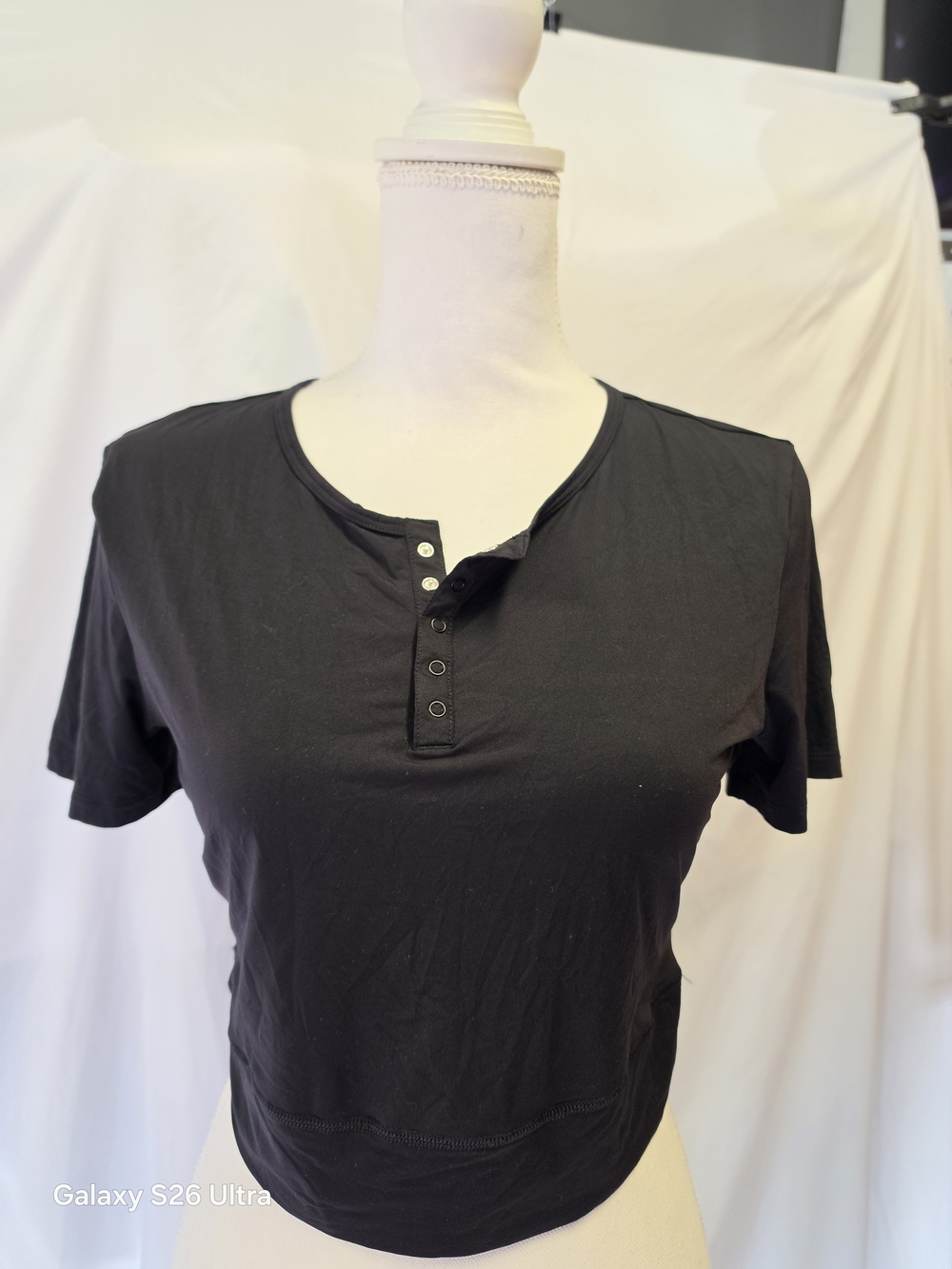 Gymshark Black Short-Sleeve Henley Crop Top with Button Placket